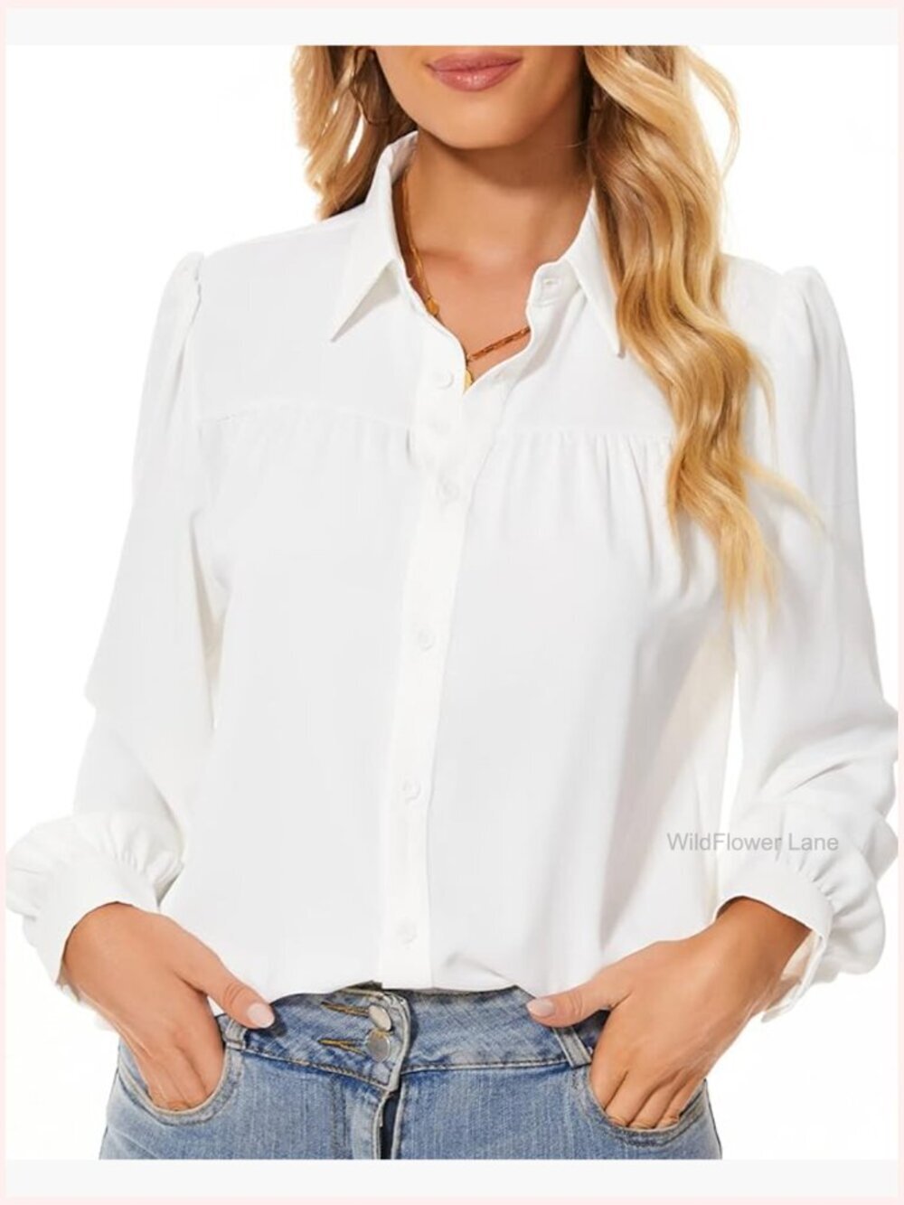 Women's Button Down Shirt Casual Pleated Chiffon Blouse Long Sleeve Collared